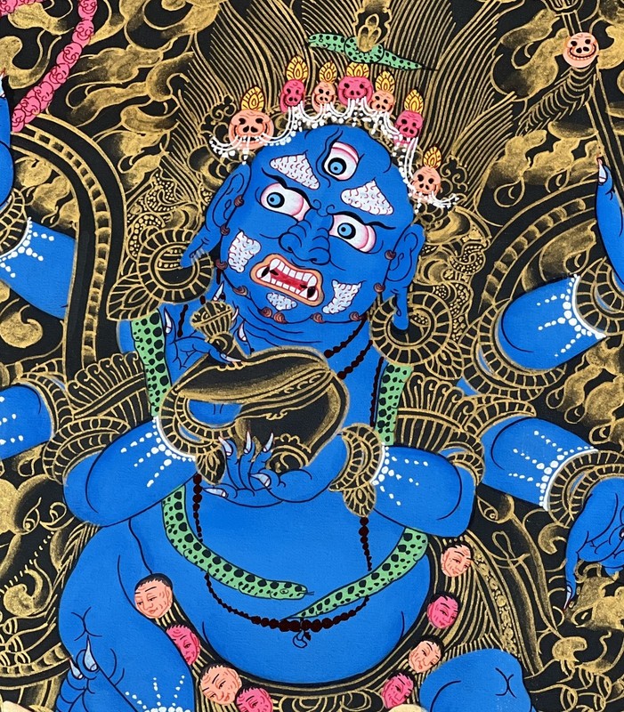 6 ARMED MAHAKALA PROTECTOR GOD ORIGINAL BLACK AND GOLD TIBETAN THANGKA PAINTING gallery