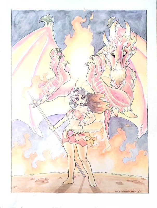 Watercolor painting of female fire warrior and red dragon