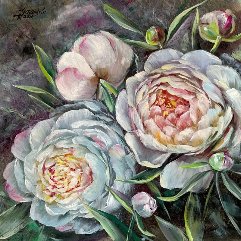 WHITE PEONIES PAINTING, Flowers Oil original painting on paperboard art 3030cm