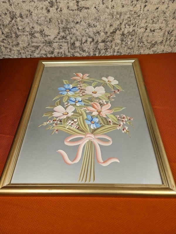 Vintage Reverse Glass Artwork, Floral, 19×16″ #2