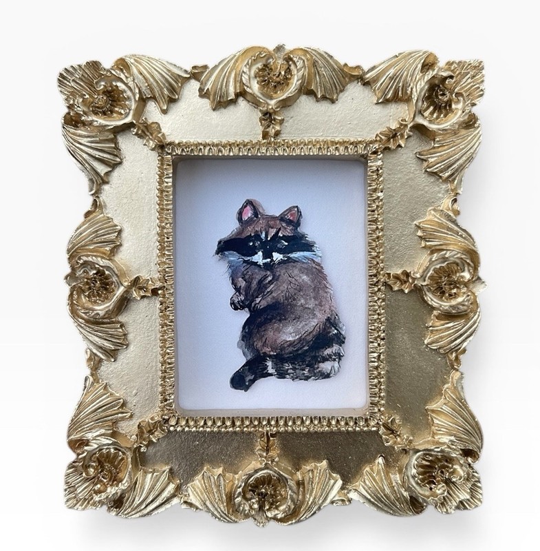 Raccoon mini watercolor animal print • vintage ornate frame