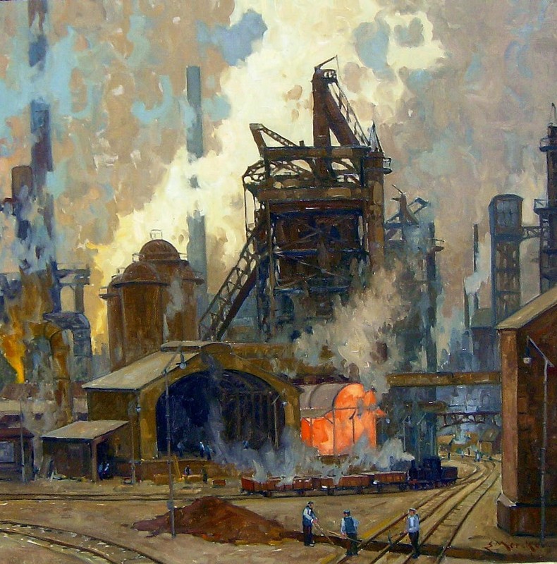 Erich Mercker 1891- Munich/in the realm of blast furnaces/industrial painting, signed gallery
