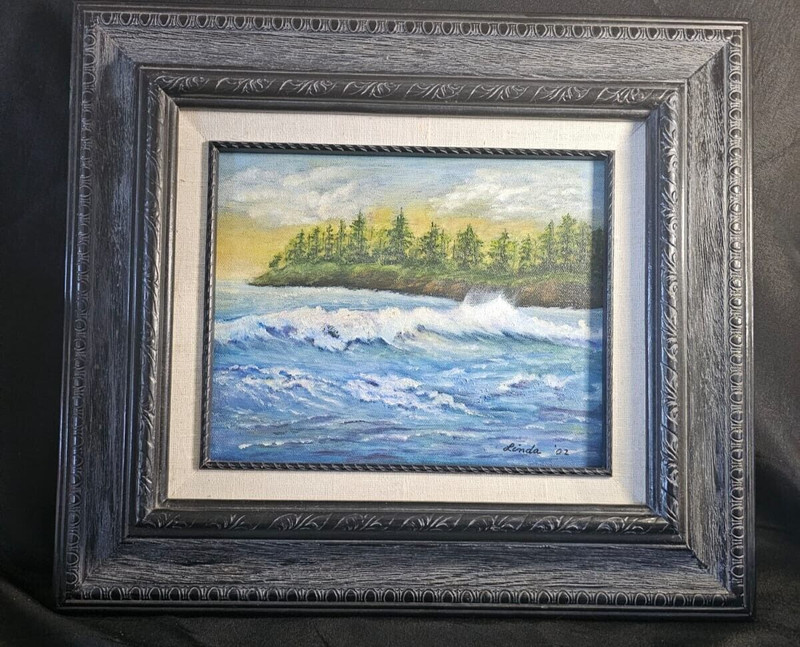 Original Ocean Beach Oil Painting On Canvas Signed Linda ’02 & Framed 16″x 17″