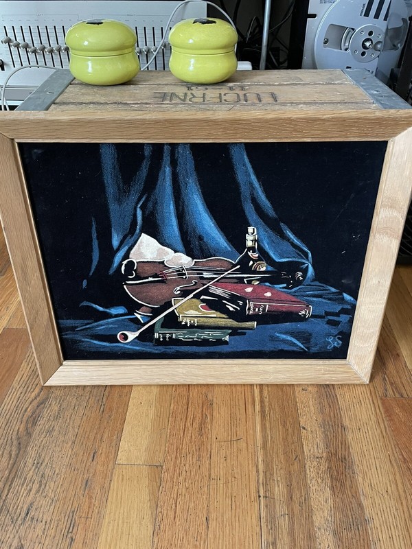 Vintage Black Velvet Painting Violin Books Pipe Liqueur Still Life Study Signed