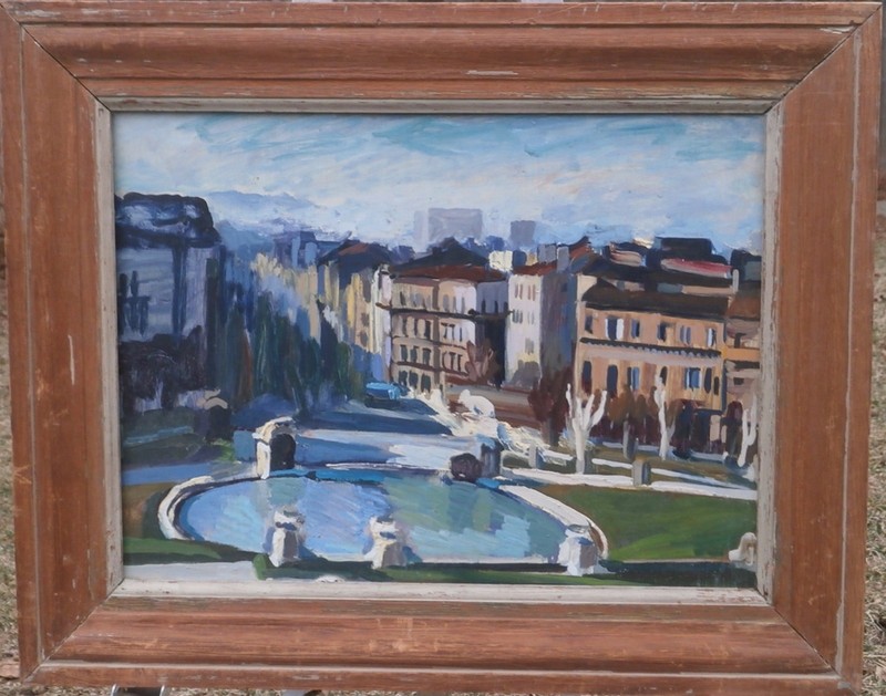 City Fountain & Buildings Oil Painting-1960s-Israel Louis Winarsky gallery
