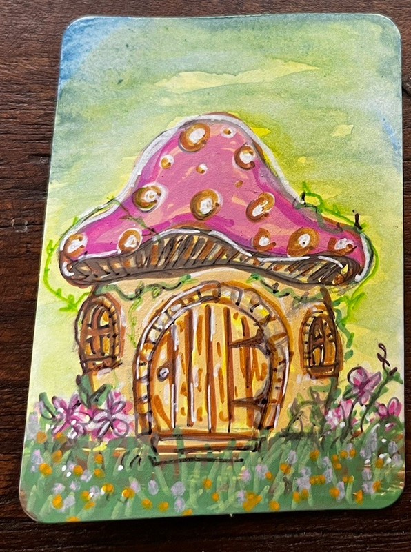 ACEO Original Whimsical Mushroom House Art Card ATC Storybook Folk Cottagecore