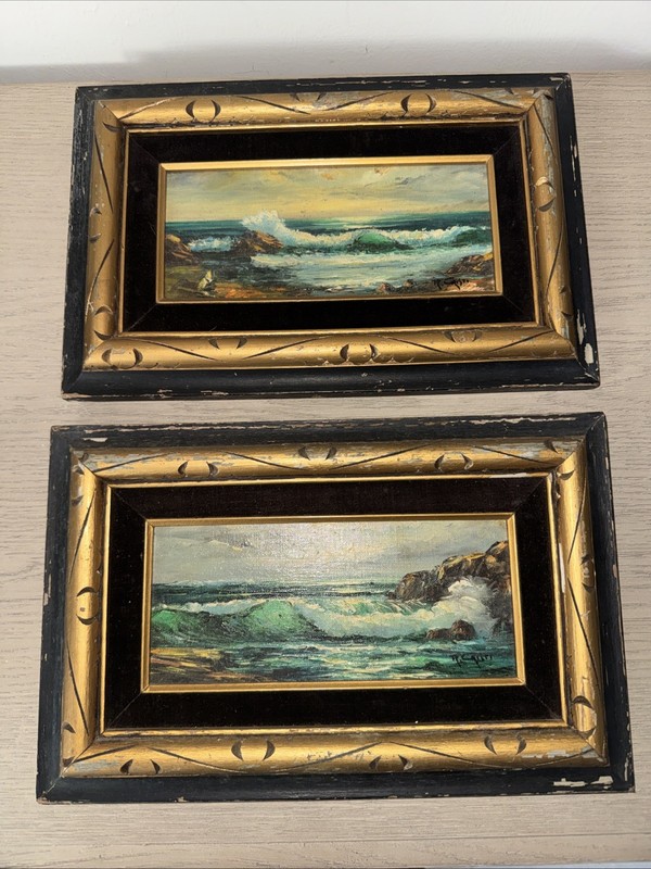 Pair Of Vintage Original Seascape Oil On Panel MCM Paintings Signed Framed