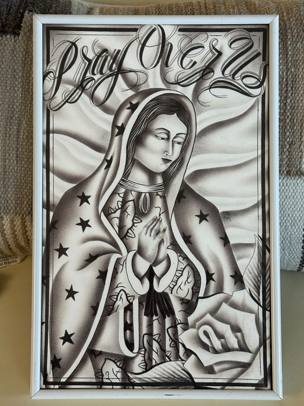 SANTA FE ARTIST "PRAY OVER US" HAND DRAWN INK PEN,PENCIL 70'S FRAME 15.25" X 10" gallery