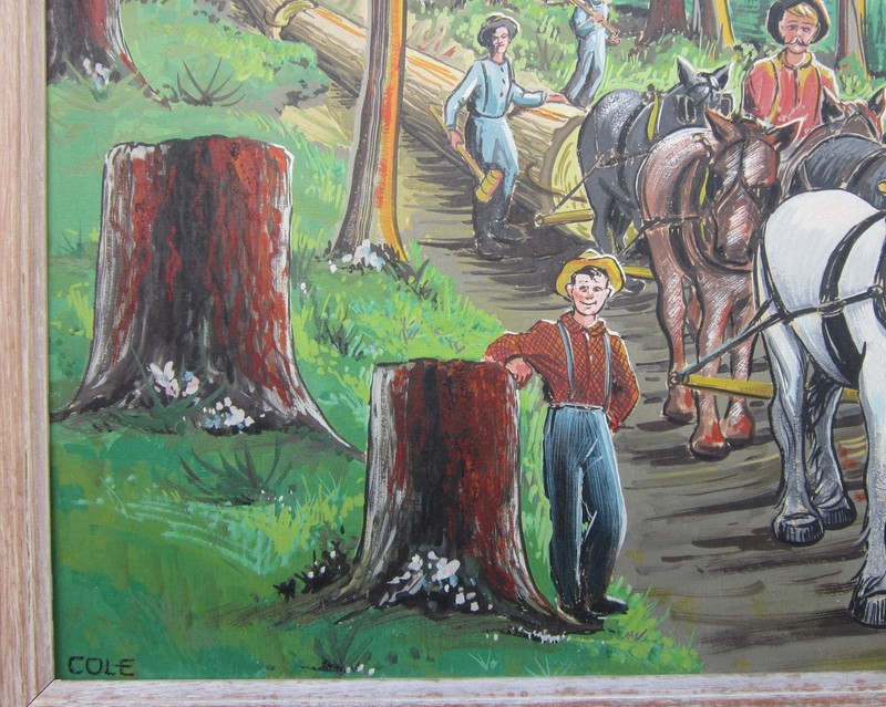 LOGGING SCENE PAINTING Horses Loggers Stumps Logs Moonshine 18" x 24" FOLK ART gallery