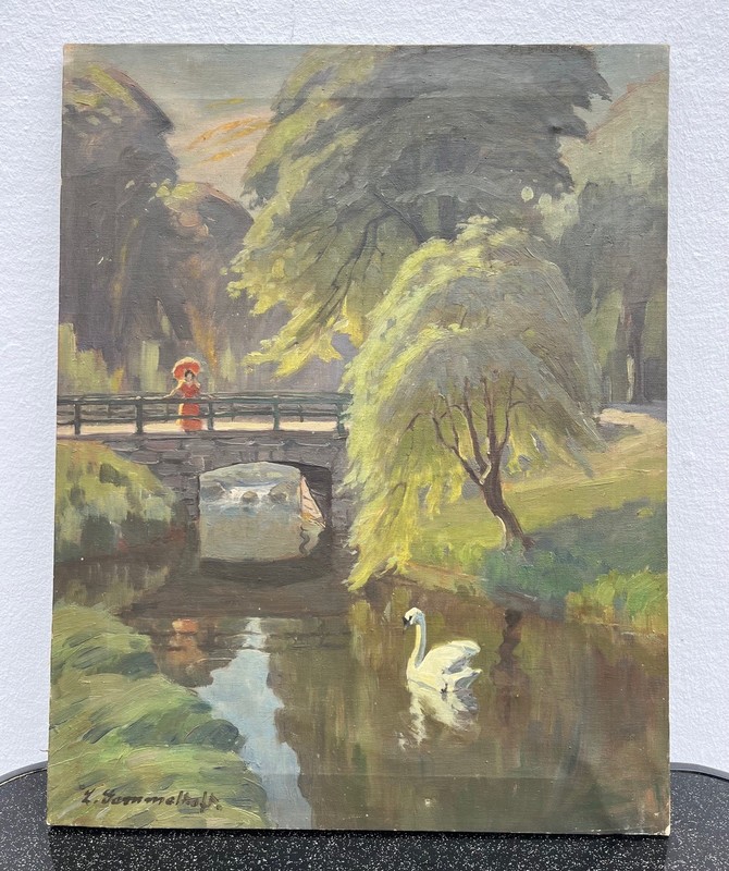 Impressionist Idyllic Park Scene Woman with Parasol Bridge River Swan gallery
