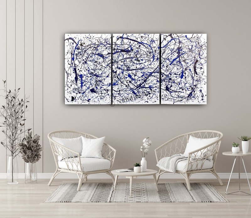 3 Panels Abstract Modern Blue Contemporary Art Jackson Pollock Style Wall Art