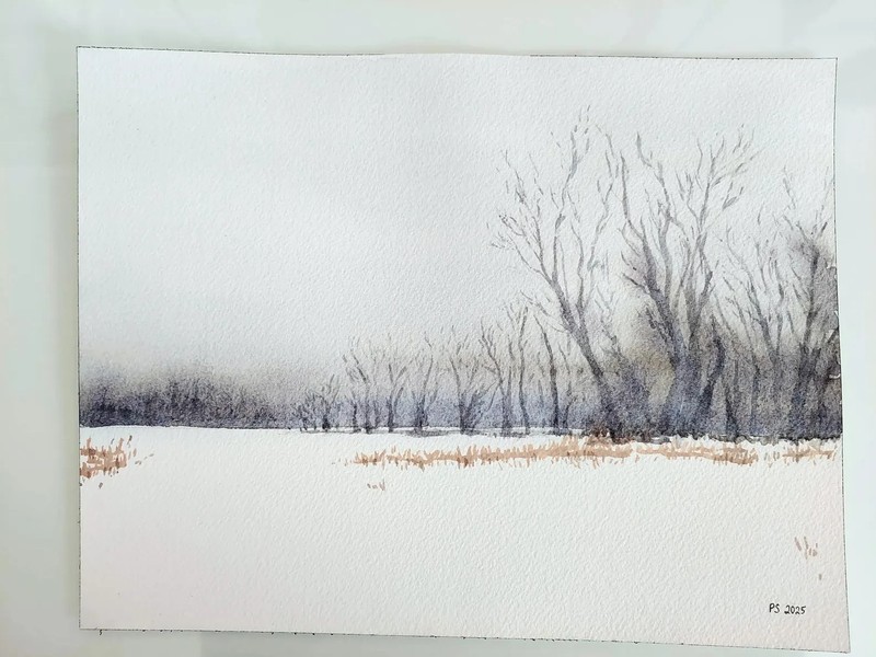 Original Minimalist Winter Landscape Watercolor Painting Snow Trees 10.25x8 gallery