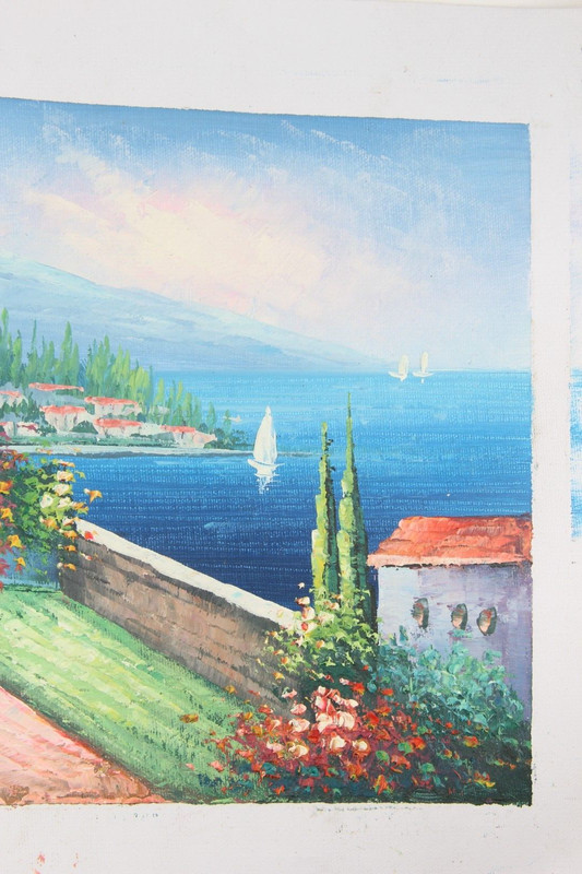 Mediterranean Villa House By See with Beautiful Garden, Oil on Canvas, Signed gallery