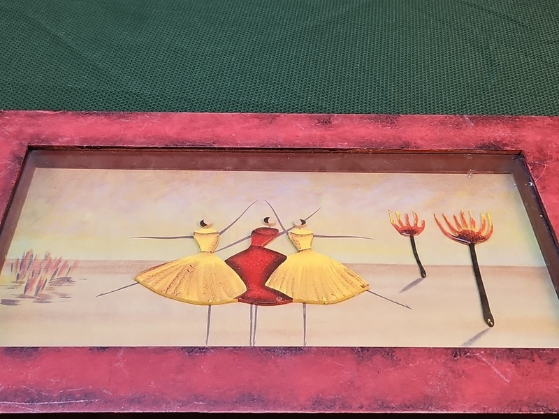 Vtg 3 Ladies Dancing Wood Cut-Outs Framed and Matted Art Painting 15.5x9.5" gallery