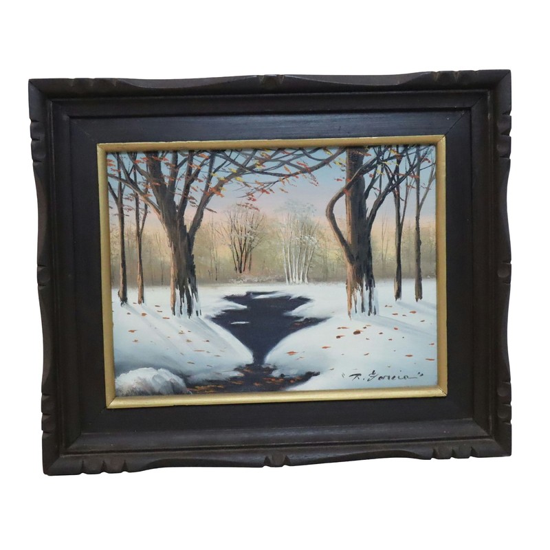 R Garcia Original Oil Painting Winter Landscape Signed Snow Trees Framed 1970s