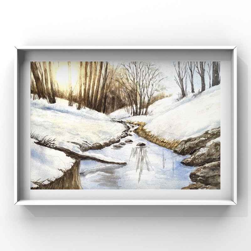 Original new watercolor painting «Winter river” $55 Home decor Art