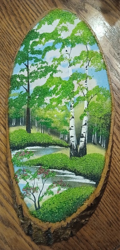 Sand Art Landscape with Riverside White Birch Trees Wood Slice Bark Edge