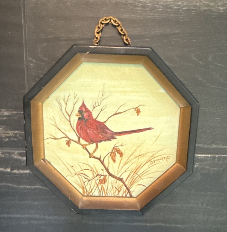 Margie Greene Signed Original Oil Realism Cardinal Bird Painting Framed Octagon