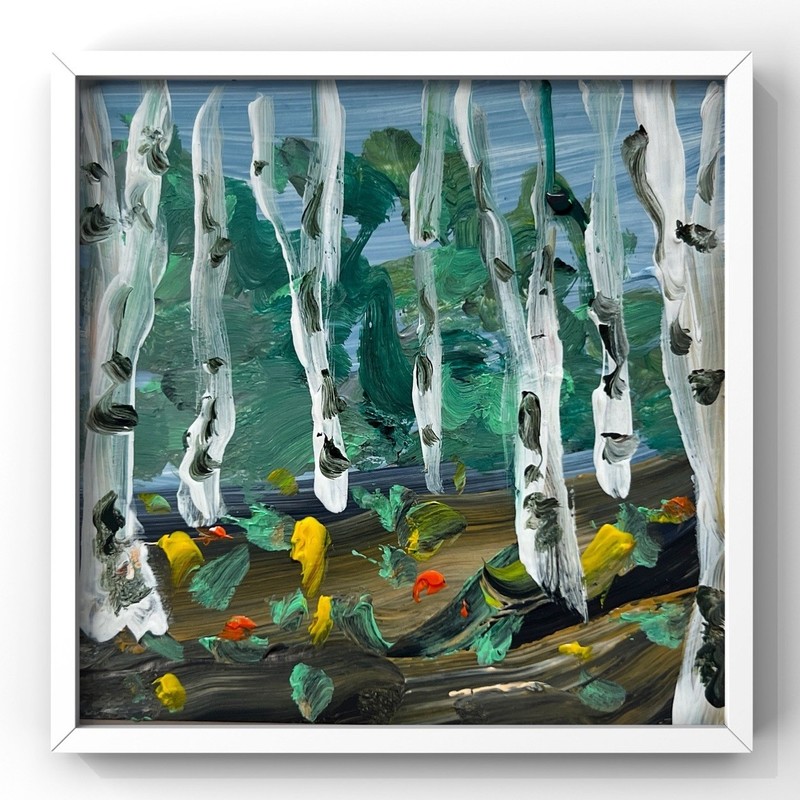 Abstract Birch Trees Painting Grove Orchard Garden Artwork Wildflower Framed Art