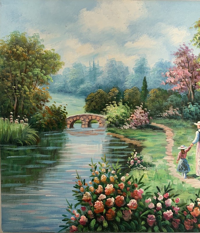 Original W. Hodges Oil Painting Colorful Flowers Country Home Water Bridge Trees gallery