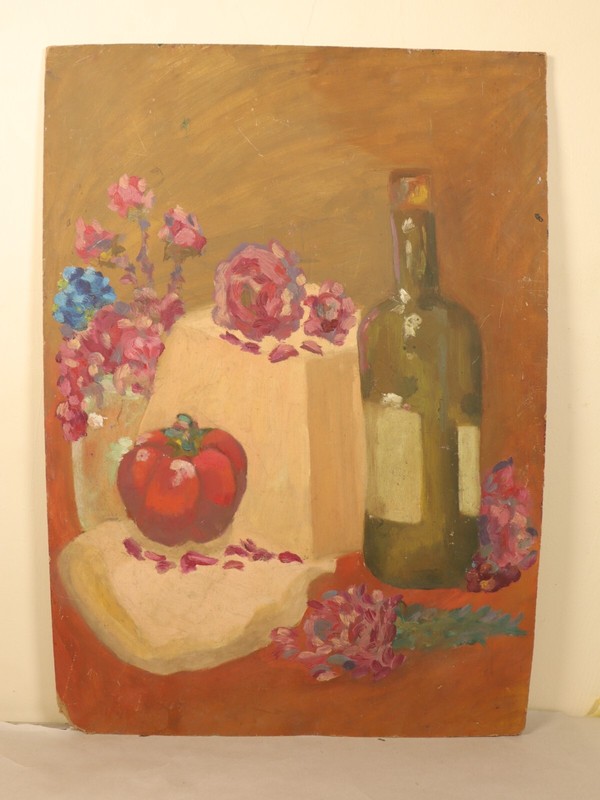 Vintage Still Life Oil Painting Wine Bottle, Tomato & Flowers Rustic Kitchen Art