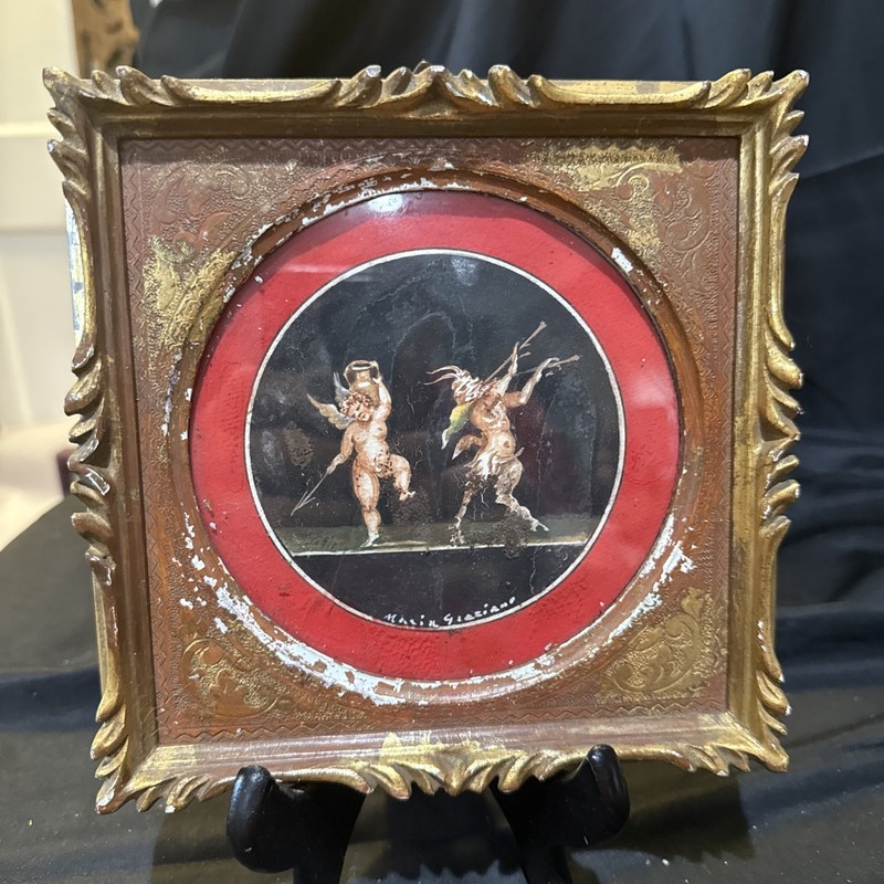 Vintage Italian Goache Putti Cherub Painting Maria Grazziano 7x 7 1/2 In