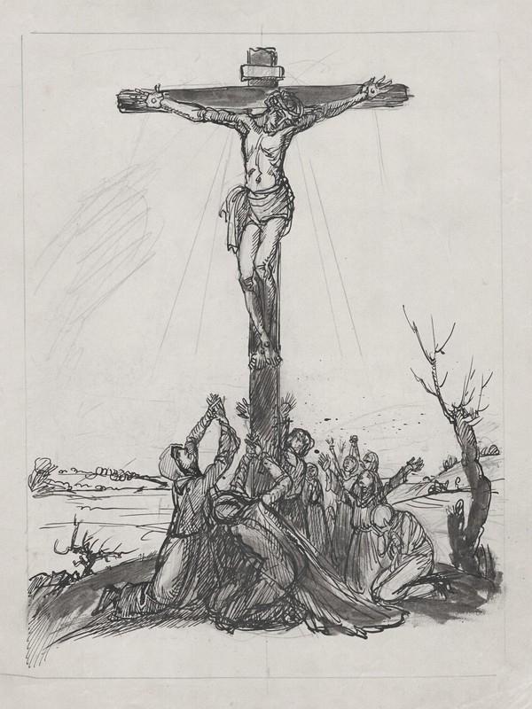 Anton Rausch Munich - Crucifixion Jesus Christ Drawing 20th century