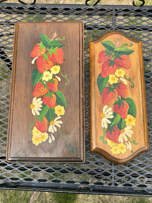 Vintage Hand Painted Strawberry & Flower Art Work Vintage Set Of 2 Cottage Core