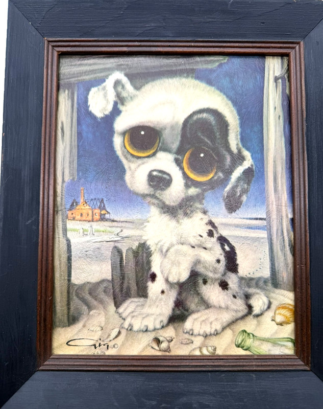 Vintage «Pity Puppy» Framed Lithograph By Gig Gerard Goodenow Big Eyes Dog MCM