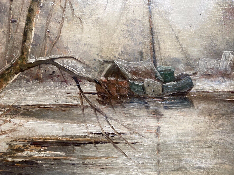 ::OIL PAINTING SIGN. H. KLEIST WINTER LANDSCAPE BY THE LAKE WITH BOAT BIEDERMEIER STYLE gallery