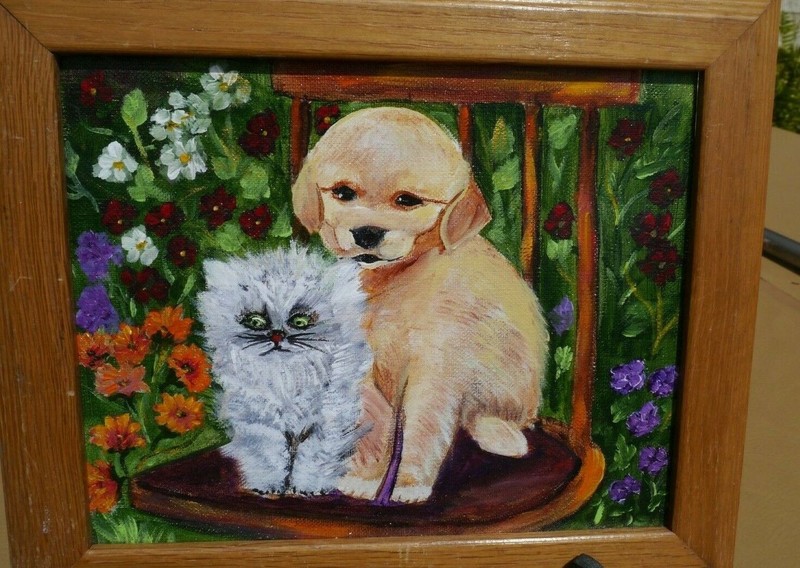 Dog Cat Original Oil on Canvas PaintingPuppy & Kitty Sitting on a Chair Framed