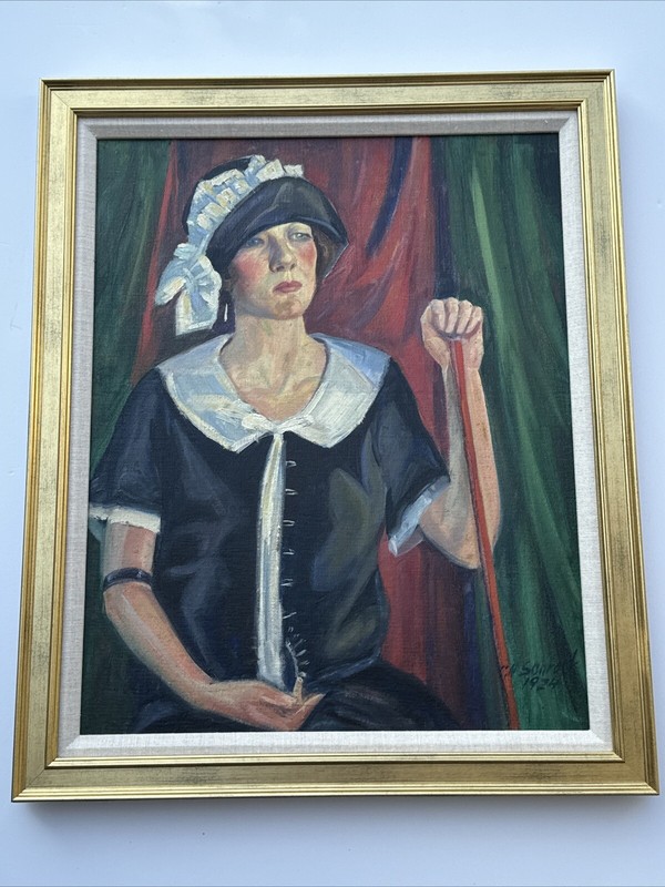 CHESTER SCHROCK PAINTING ANTIQUE ART DECO PORTRAIT PRETTY WOMAN COLORADO 1924
