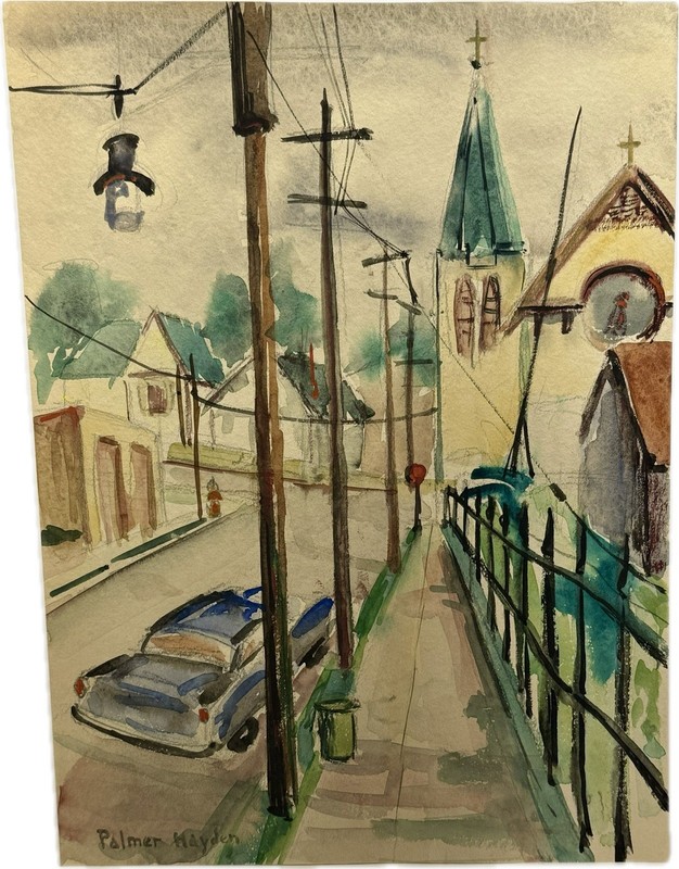 Palmer Hayden; Important 20thC. Modernist Watercolor «Maine Street» Signed
