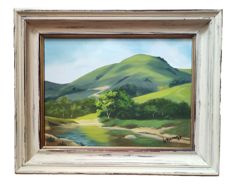 Vintage Lush Green Trees & Mountain Landscape Oil Painting Framed 22×18