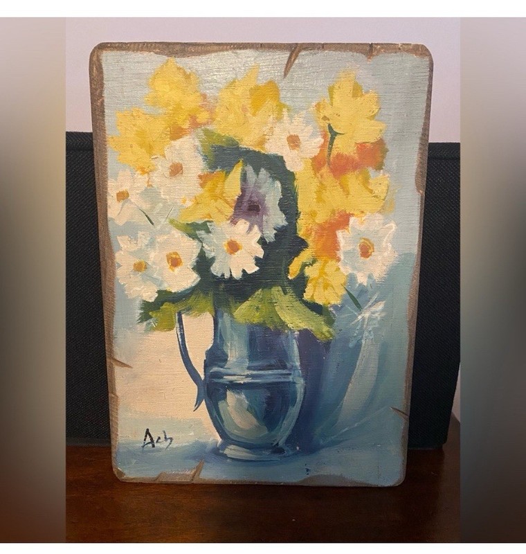 Vintage Like Signed Still Life Painting on Wood Board / Plank of Flowers