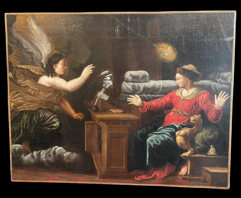 Antique Rare Large Religious Oil on Canvas Painting Annunciation Late 18th C