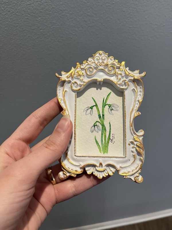 Framed Original Hand painted Miniature watercolor painting of a Snowdrop