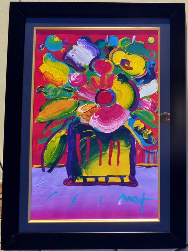 PETER MAX Abstract Flower II Unique Original Painting Hand signed framed 45″x33″