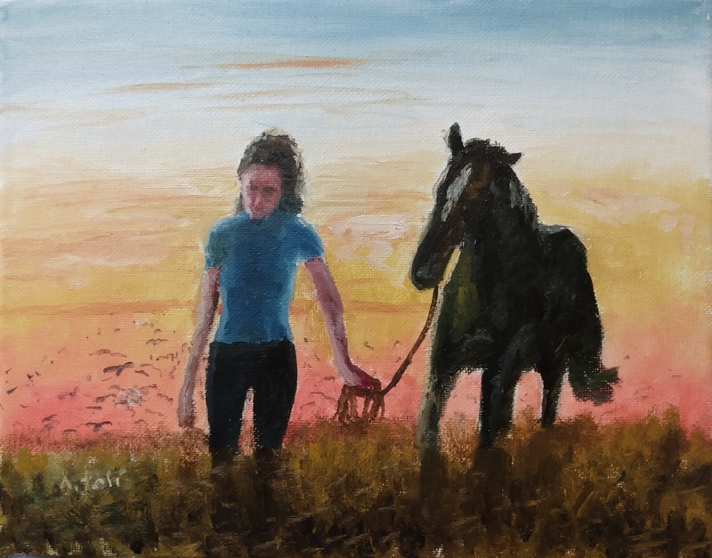 Oil Painting Woman Horse Hill Sunset Birds Flying Landscape Animal Art A. Joli