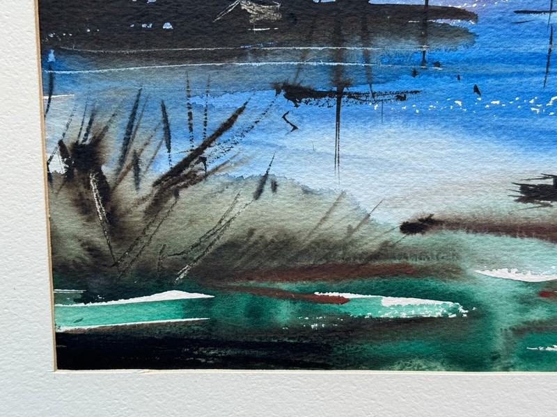 Original Watercolor Painting Signed Laurence Frans Illegible Seascape Boat 1969 gallery