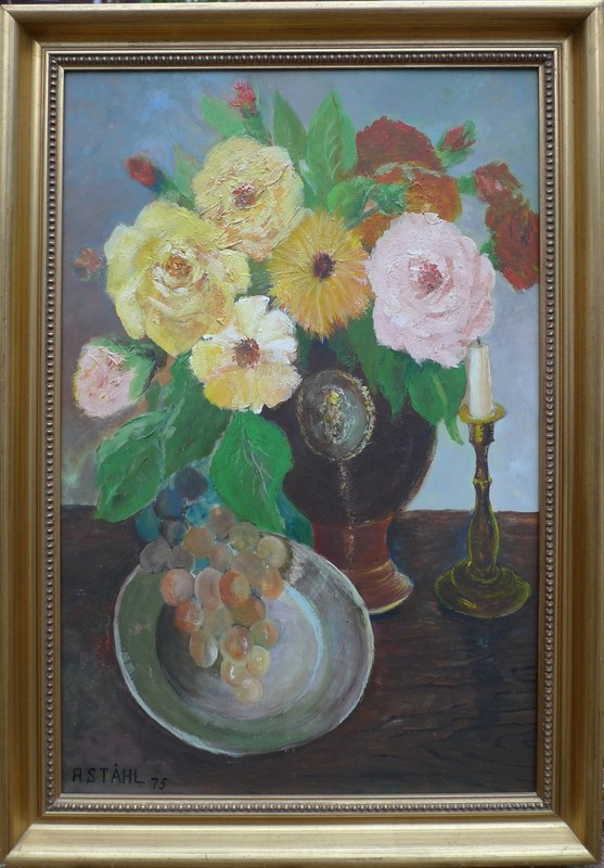 Unknown Painter Still Life with Summer Flowers Grapes and Candlestick