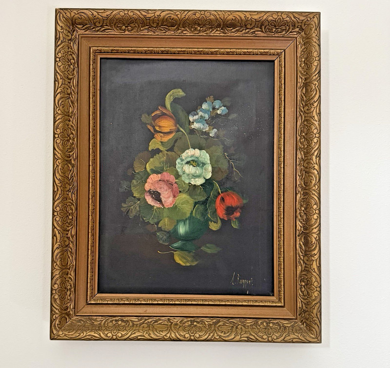 Vintage Vito Ruggeri Signed Oil Painting Floral Still Life Ornate Gold Frame 21″