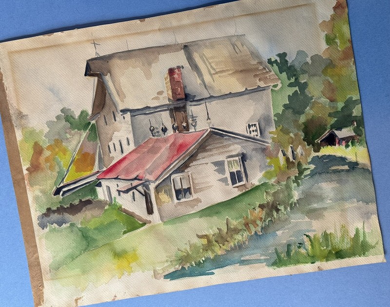 Vintage Watercolor Farmhouse Landscape Painting 23″x18″