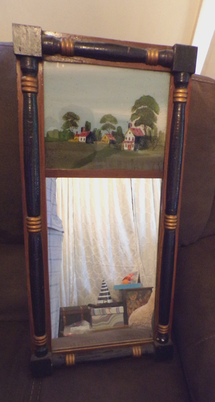 Antique Federal Reverse Painting on Glass Wall Hanging Mirror