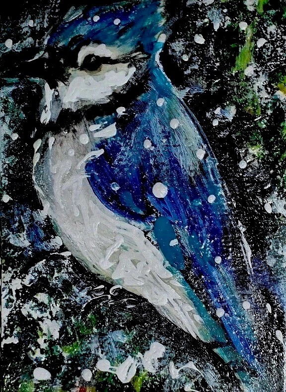 ORIGINAL ACEO PAINTING Eastern BLUE JAY Winter Blue BIRD Snow Animal Nature ART