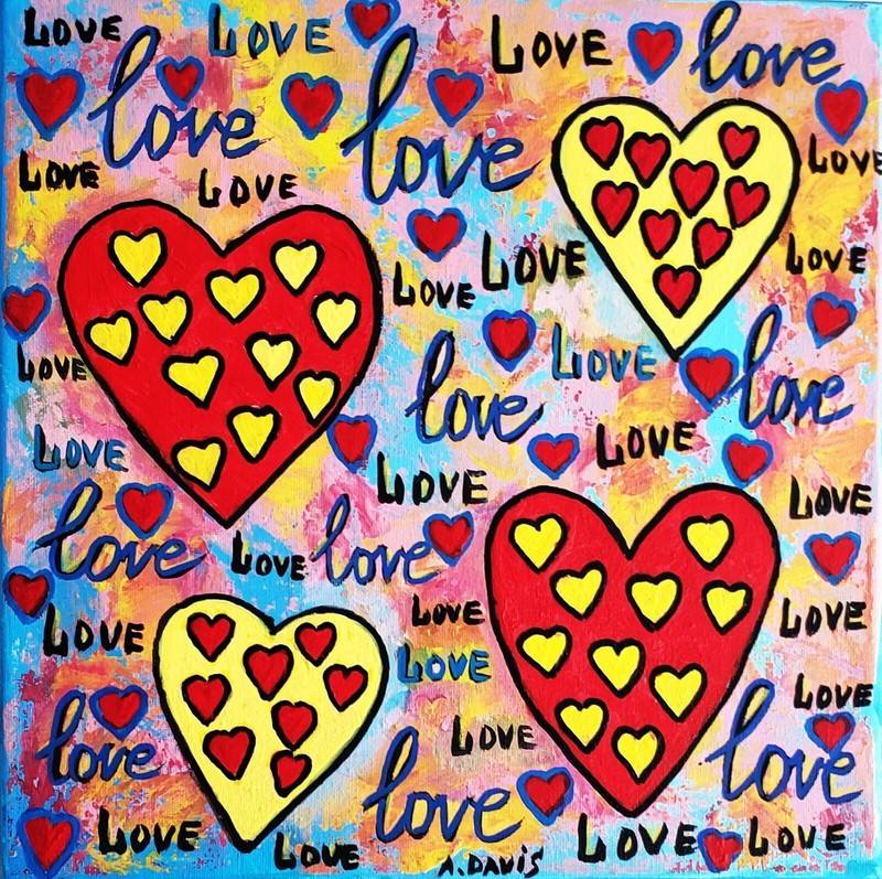 A.Z. Davis 12″ x12″ Painting Abstract Pop Folk Floral Still Life Love Heart Art