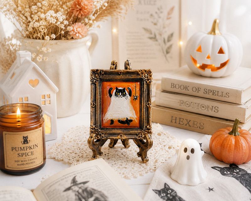 Ghost Black Cat Original Mini Oil Painting Framed Halloween Wall Art Cat Gift gallery
