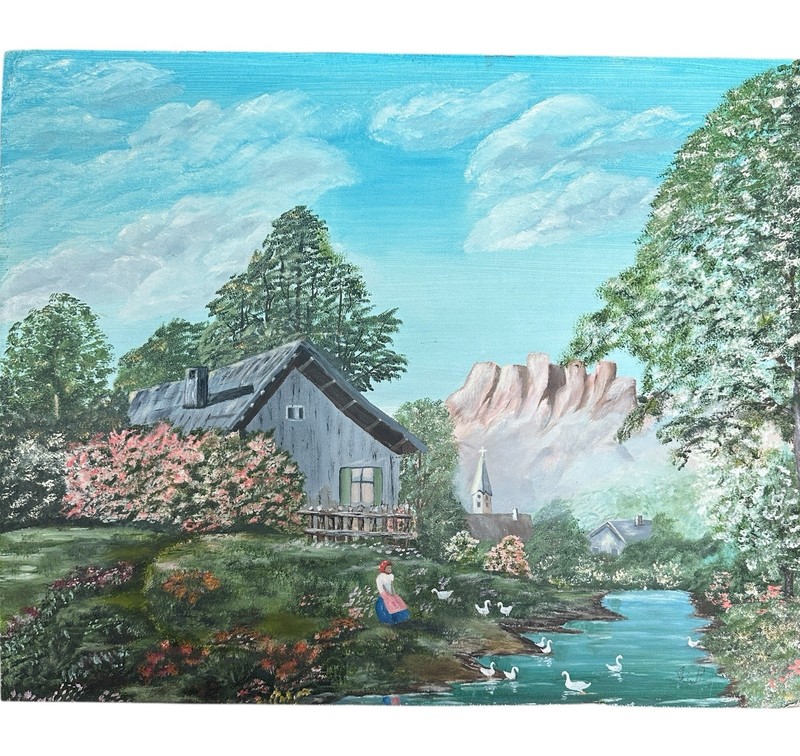 VTG Original Oil Painting 19×16 Inch Canvas Cabin River Mountain Church Flowers