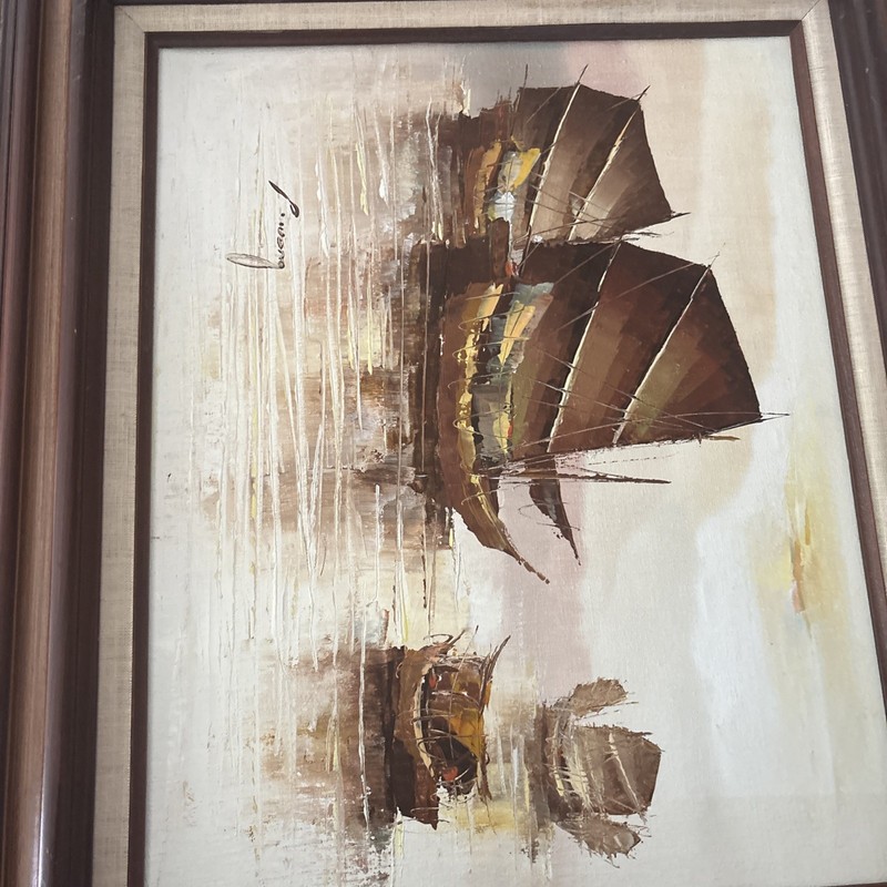 Vintage P. Wong Signed Seascape Oil Painting – Boats & Harbor – Mid-Century
