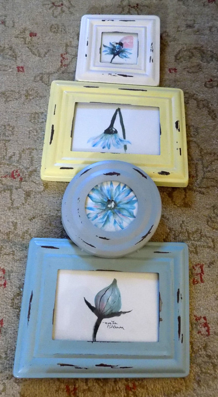 OOAK Hand Painted Botanical Art 4 flowers Gladiolus Daisy Rustic Metal Framed